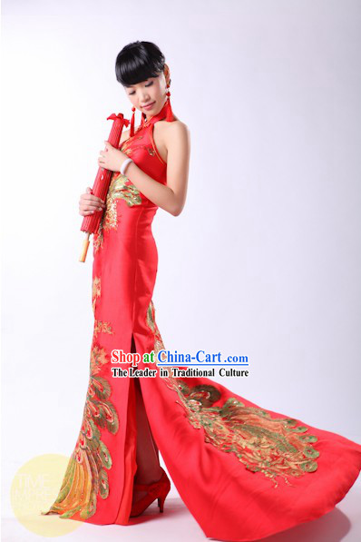 Lucky Red Chinese Phoenix Evening Dress for Brides