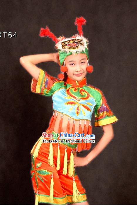 Traditional Chinese Spring Festival Celebration Dance Costume and Hat for Children
