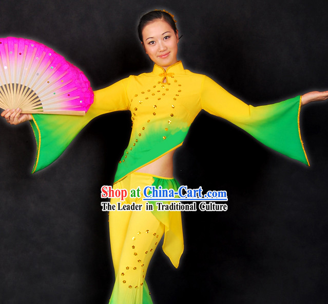 Chinese Color Transition Fan Dance Costume Complete Set for Women