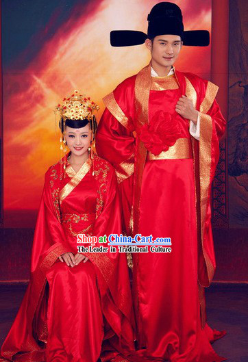 Chinese Classical Wedding Dresses and Hats Two Complete Sets for Brides and Bridegroom
