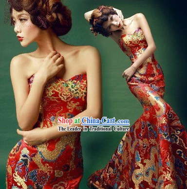 Chinese Classical Mandarin Dragon Golden Evening Dress for Women