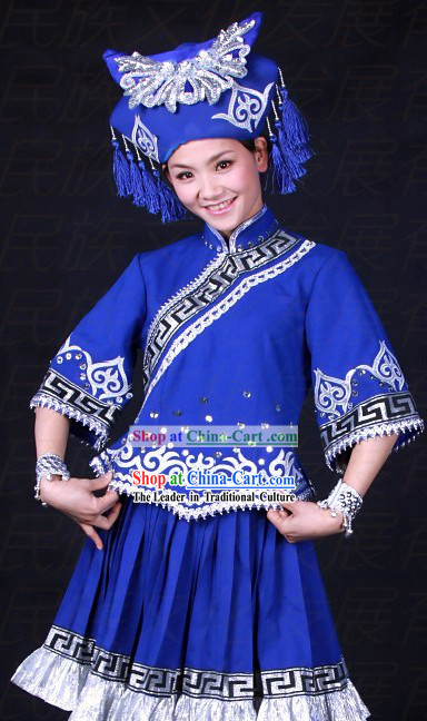 Chinese Zhuang Ethnic Stage Performance Dance Costumes and Hat for Women