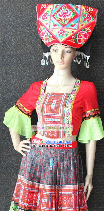 Chinese Zhuang Ethnic Clothing and Hat for Girls