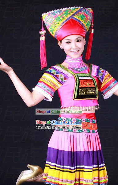 Chinese Zhuang Ethnic Dance Costumes and Hat for Girls