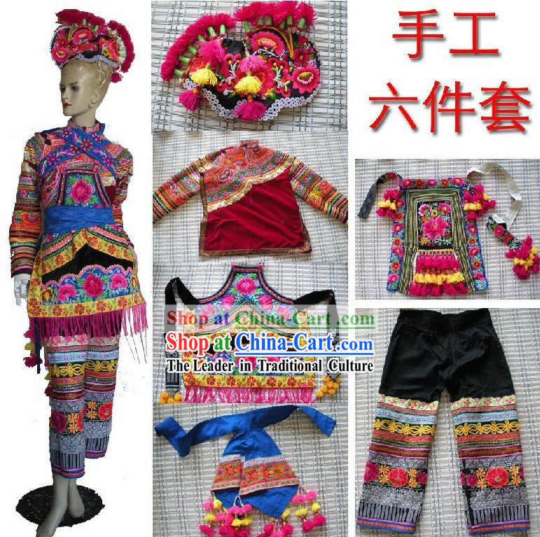 Traditional Chinese Yi Minority Bride Wedding Dress and Hat for Women