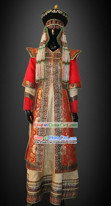 Traditional Chinese Mongolian Princess Clothing and Hat Complete Set for Women
