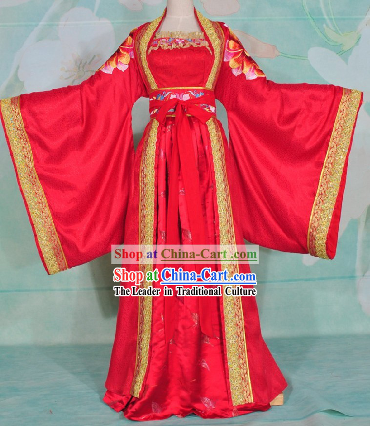 Ancient Chinese Brides Lucky Red Embroidered Wedding Dress and Veil