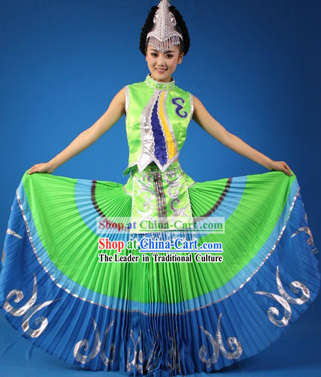 Traditional Chinese Yi Minority Dance Costumes and Headpiece for Women