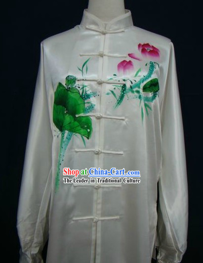Chinese Classical White Hand Painted Lotus Kung Fu Uniform for Women