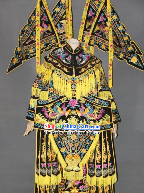 Ancient Yang Men Nv Jiang Women Heroine Embroidered Phoenix Armor Costumes with Flags