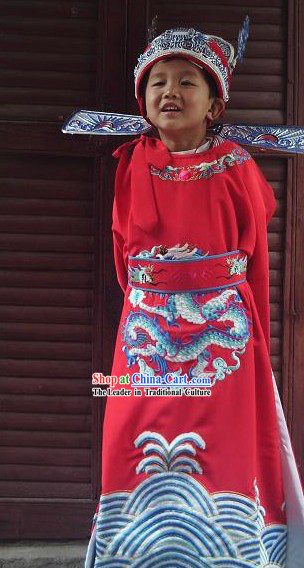 Ancient Chinese Bridegroom Embroidered Dragon Wedding Dress and Hat for Children