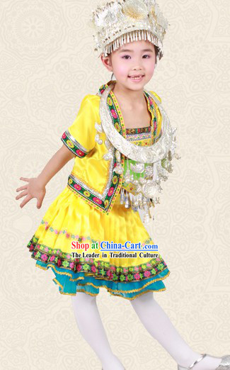 Yellow Chinese Miao Ethnic Group Clothes and Hat for Children