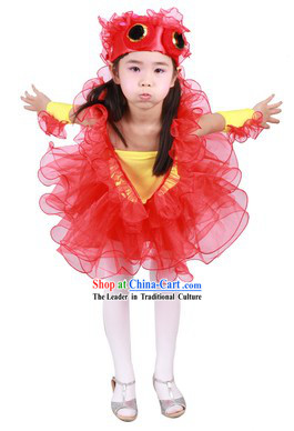Chinese Traditional Goldfish Dance Costume and Headwear for Kids