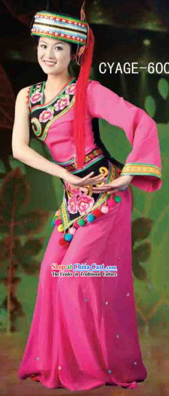 Traditional Chinese Ethnic Minority Dresses and Hat Complete Set for Women