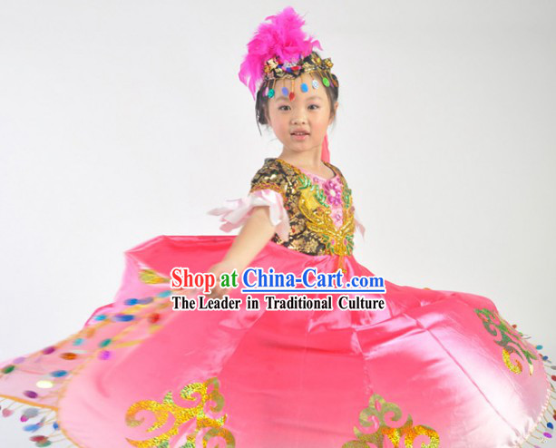 Chinese Xinjiang Festival Celebration Dance Costumes and Headdress Complete Set for Kids