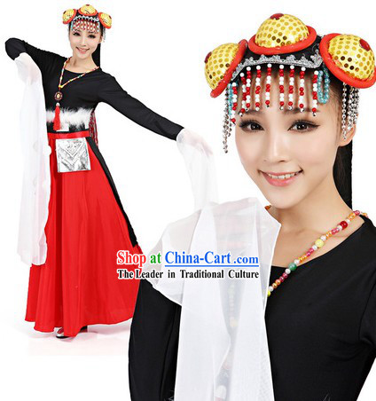Black Tibetan Costumes and Headwear Complete Set for Women