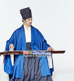 Ancient China Song Dynasty Male Blue Chinese Hanfu Clothing Complete Set for Men