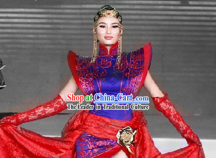 Traditional Mongolian Noblewoman Clothes and Hat Complete Set
