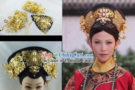 Qing Dynasty Empress Imperial Hair Accessories Manchu Hat and Wig for Ladies