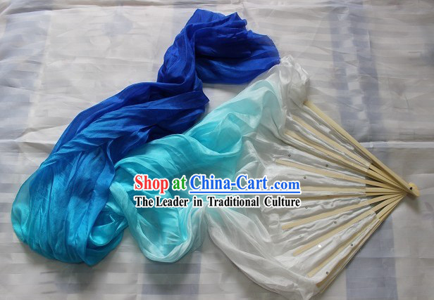 Handmade White to Blue Colour Transition Long Silk Dance Fan