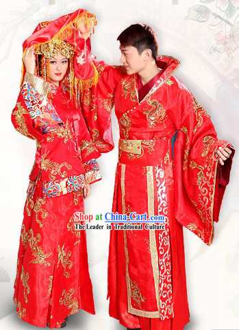Traditional Chinese Bridal Wedding Dresses Two Sets for Brides and Bridegrooms