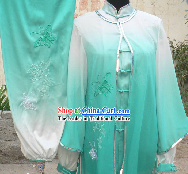 Traditional Chinese Color Transition Butterfly and Flower Embroidery Kung Fu Uniform Set