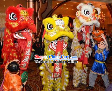 Red Golden and White Lion Dance Costumes Three Sets and Two Laughing Masks and Costumes Set