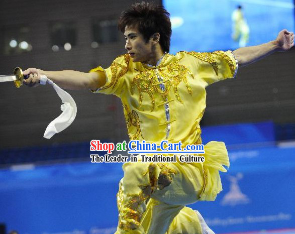 Top Grade Kung Fu Yellow Short Sleeve Long Sword Kung Fu Contest Uniform for Men