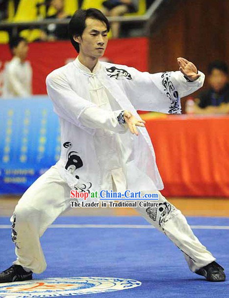 Long Sleeve White Yin and Yang Embroidered Pattern Kung Fu Dresses and Veil for Men