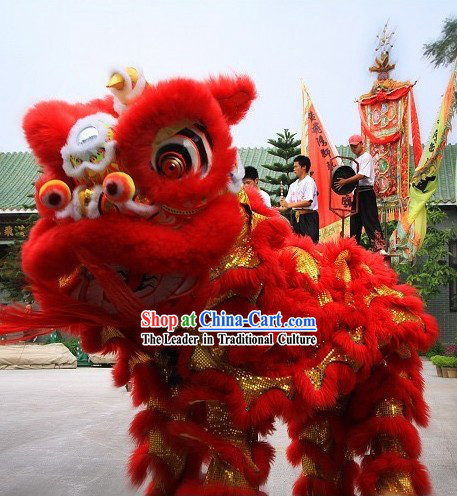 Supreme Red Natural Wool Grand Opening and Business Advertising Lion Dance Costume Complete Set