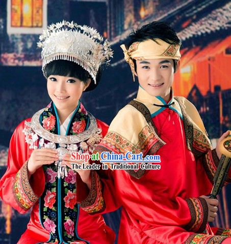Miao Ethnic Minority Wedding Dresses Two Sets for Men and Women