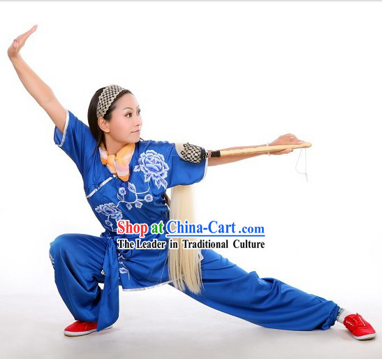 Blue Flower Embroidery Martial Arts Tai Chi Performance Uniform for Women