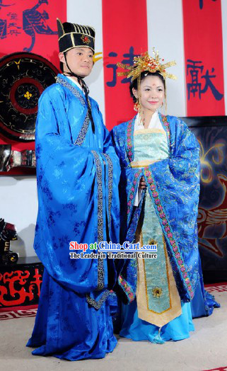 Traditional Ancient Chinese Tang Dynasty Wedding Dresses and Hair Accessories for Couple