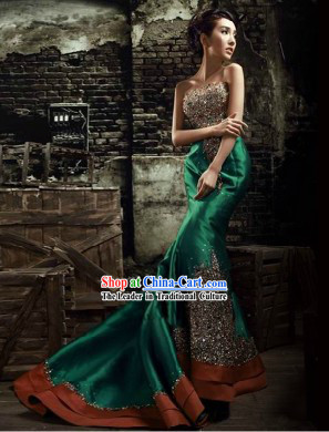 Traditional Chinese Green Fish Tail Evening Dress