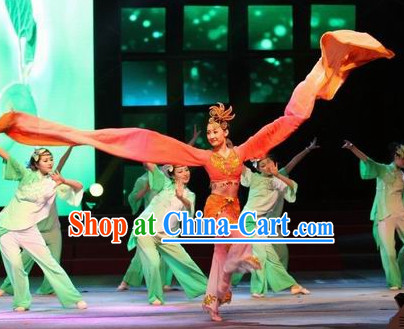 Chinese Water Sleeve Stage Performance Dance Costumes and Headwear for Women