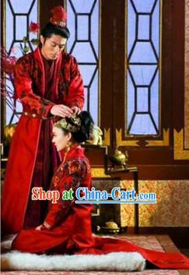 Traditional Chinese Happy Flower Embroidery Bridal Wedding Dresses and Headwear Two Complete Sets