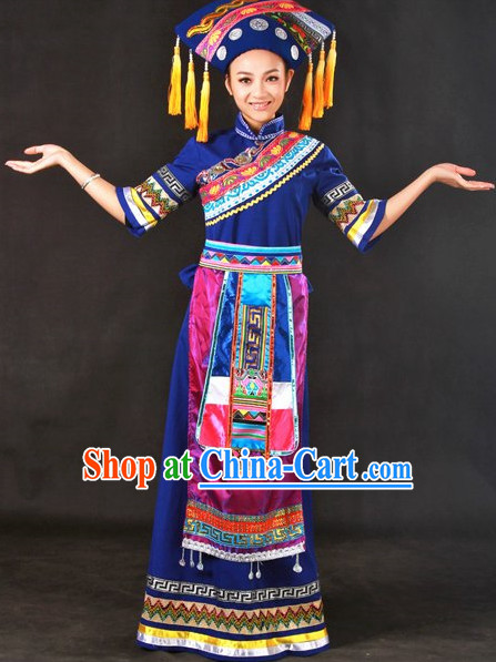 Zhuang Ethnic Minority Singer Costumes and Hat Complete Set