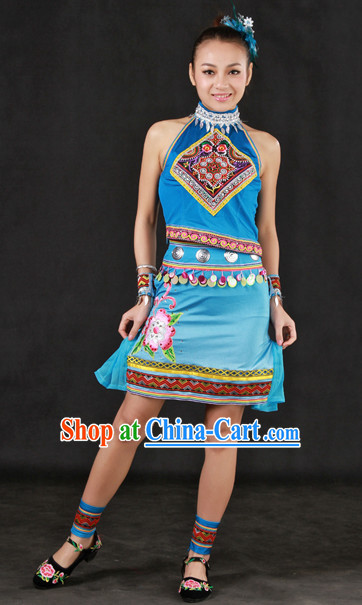 Custom Made Zhuang Ethnic Minority Dresses and Headwear Complete Set