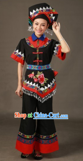 Zhuang Ethnic Minority Stage Costumes and Hat for Girls