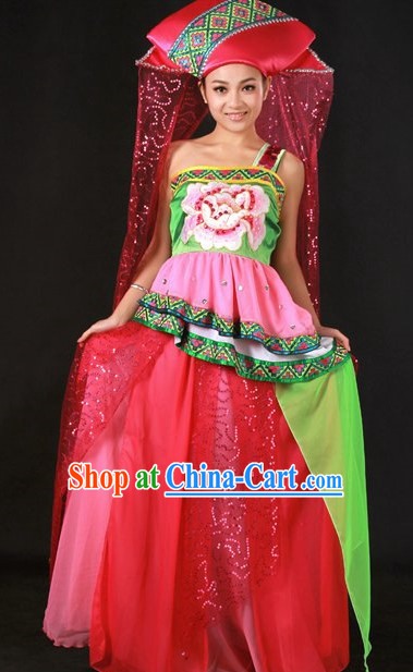 Traditional Chinese Zhuang Stage Performance Costume and Hat Complete Set