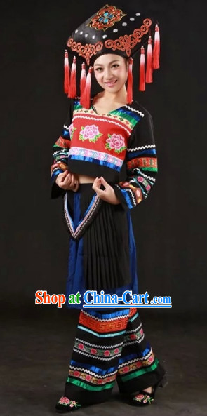 Zhuang Ethnic Traditional Dresses and Hat Complete Set for Women