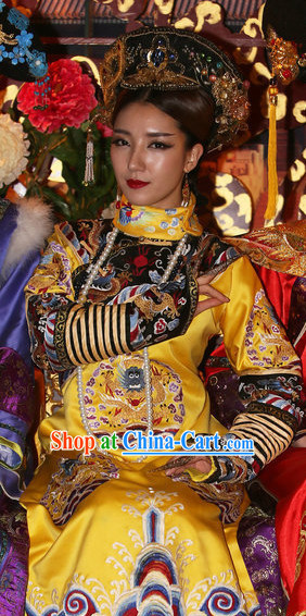Traditional Qing Empress Costumes and Hat Complete Set