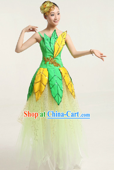 Enchanting Effect Leaf Dance Costume and Headwear Complete Set for Girls