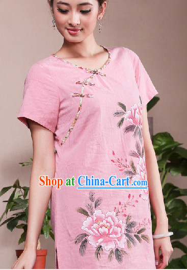 Hands Painted Mandarin Traditional Long Shirt for Women
