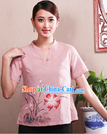Hands Painted Mandarin Traditional Short Shirt for Women