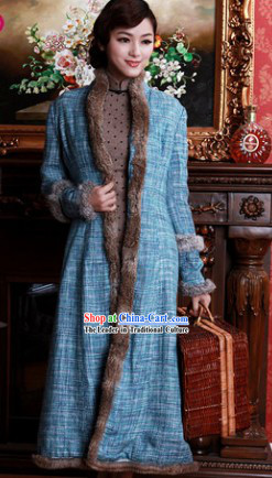 Chinese Old Shanghai Style Long Fur Jacket for Women
