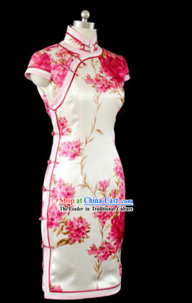 Chinese Silk White Cherry Blossom Qipao