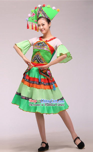 Chinese Stage Performance Ethnic Minority Dance Costumes and Hat Complete Set