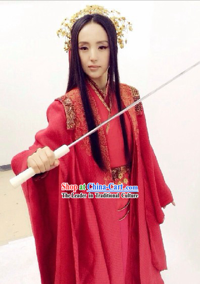 Ancient Chinese TV Drama Red Wedding Dress and Headdress Complete Set