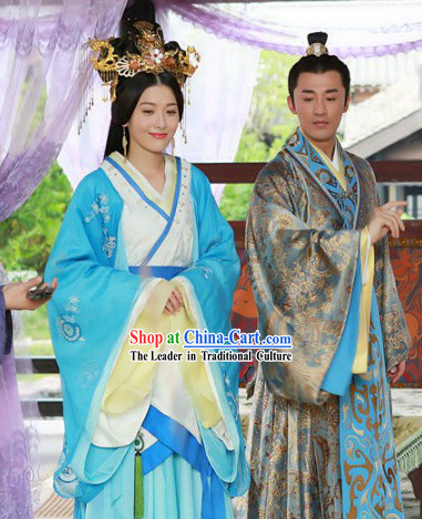 Chinese Han Clothing Husband and White Royal Palace Dresses and Hair Accessories Complete Set